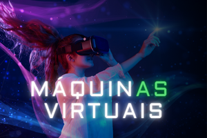 mulher utilizando óculos de realidade virtual (VR) e falando sobre maquinas virtuais